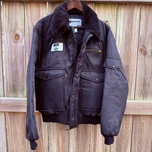 Horizon Sportswear USA Nylon Bomber Jacket Faux Fur Collar Black XL